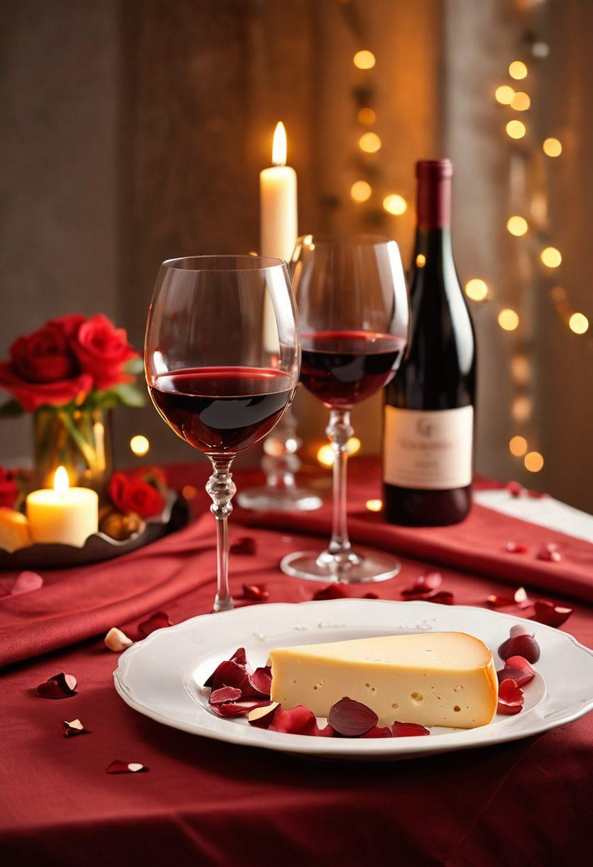 An intimate table setting with a soft red tablecloth, candlelight flickering softly, and elegant wine glasses filled with red and white wine. Surround it with romantic elements like rose petals and dimly lit fairy lights for an enchanting atmosphere. Showcase a delicious array of cheese and fruits that hint at a sensual culinary experience. super-realistic. warm colors. soft focus.