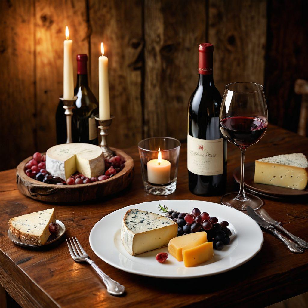 A serene table setting for two, adorned with a selection of fine wines, elegantly labeled, alongside gourmet cheese and a sizzling skillet of aromatic dishes. Soft candlelight illuminates the scene, and a rustic wooden background enhances the intimacy. A wine glass is half-filled, showcasing a luscious red hue reflecting the warm glow. Wine pairing notes are subtly integrated into the image. romantic, super-realistic, warm colors.