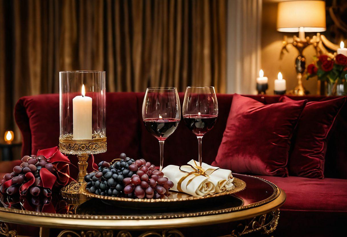 A lavish scene set at an elegantly adorned table featuring fine wine glasses filled with rich red wine, surrounded by tasteful adult playthings artfully displayed as part of the decor. Soft candlelight creates a warm ambiance while plush velvet fabric and golden accents enhance the luxurious feel. A backdrop of softly blurred plush lounge cushions adds intimacy to the setting. super-realistic. luxurious. warm color palette.